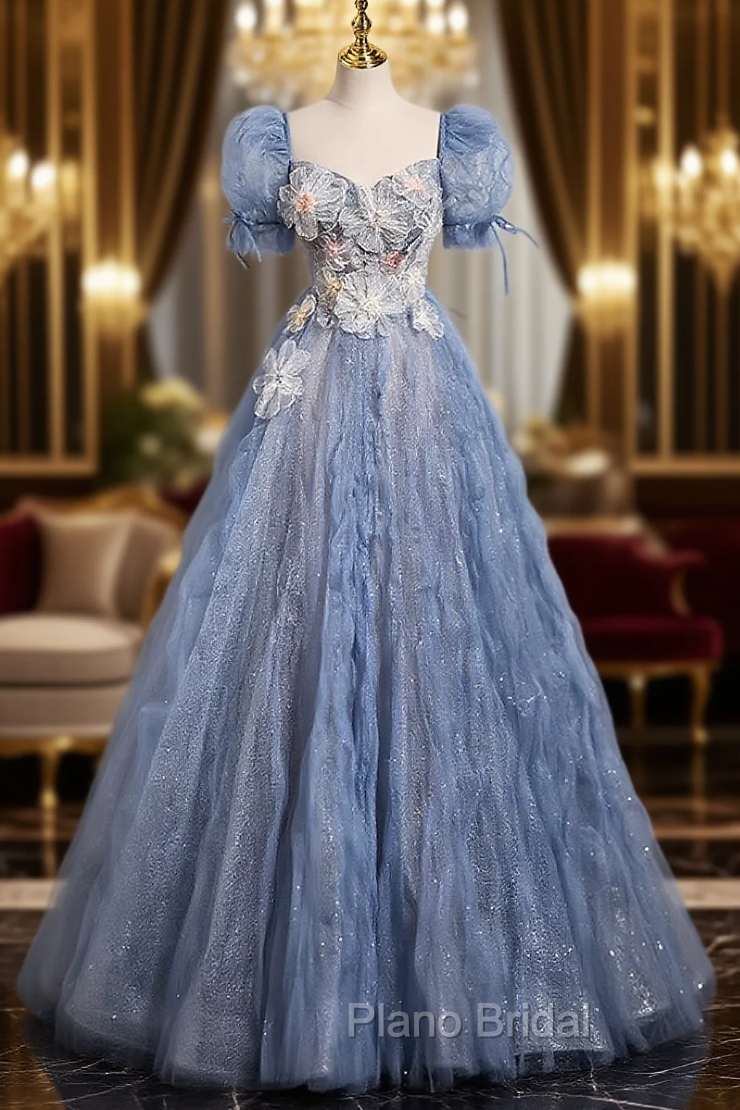Fancy Blue Tulle Puff Sleeve Flower Formal Prom Dresses Main image
