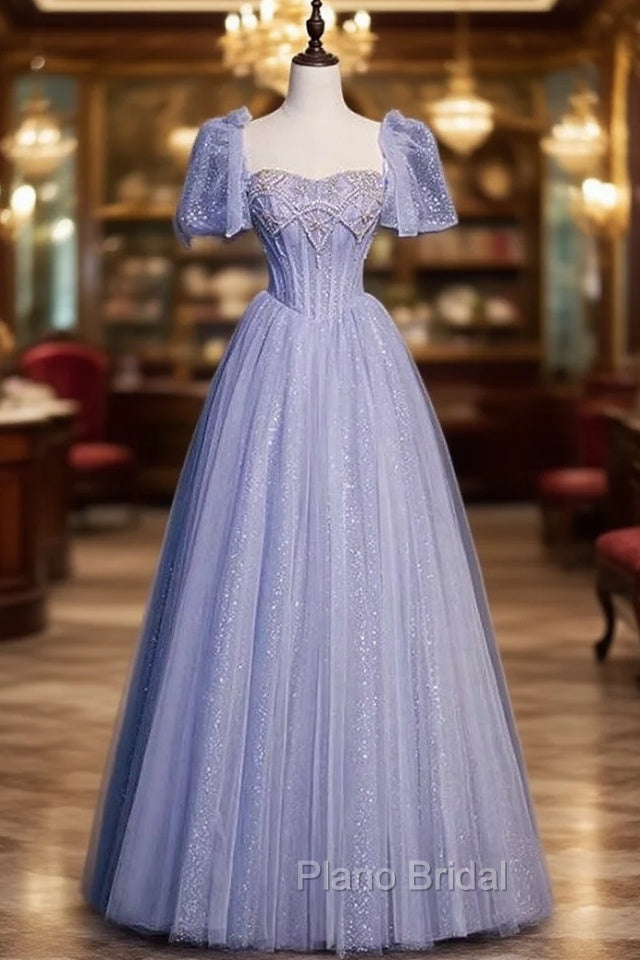 Fancy Blue Tulle Sequins Puff Sleeve Beading Formal Prom Dresses Main image