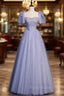 Fancy Blue Tulle Sequins Puff Sleeve Beading Formal Prom Dresses