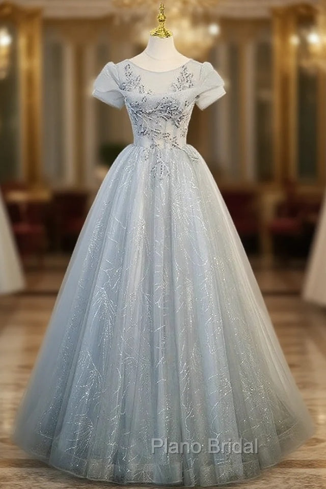 Fancy Gray Tulle Sequins Short Sleeve Beading Formal Prom Dresses Main image