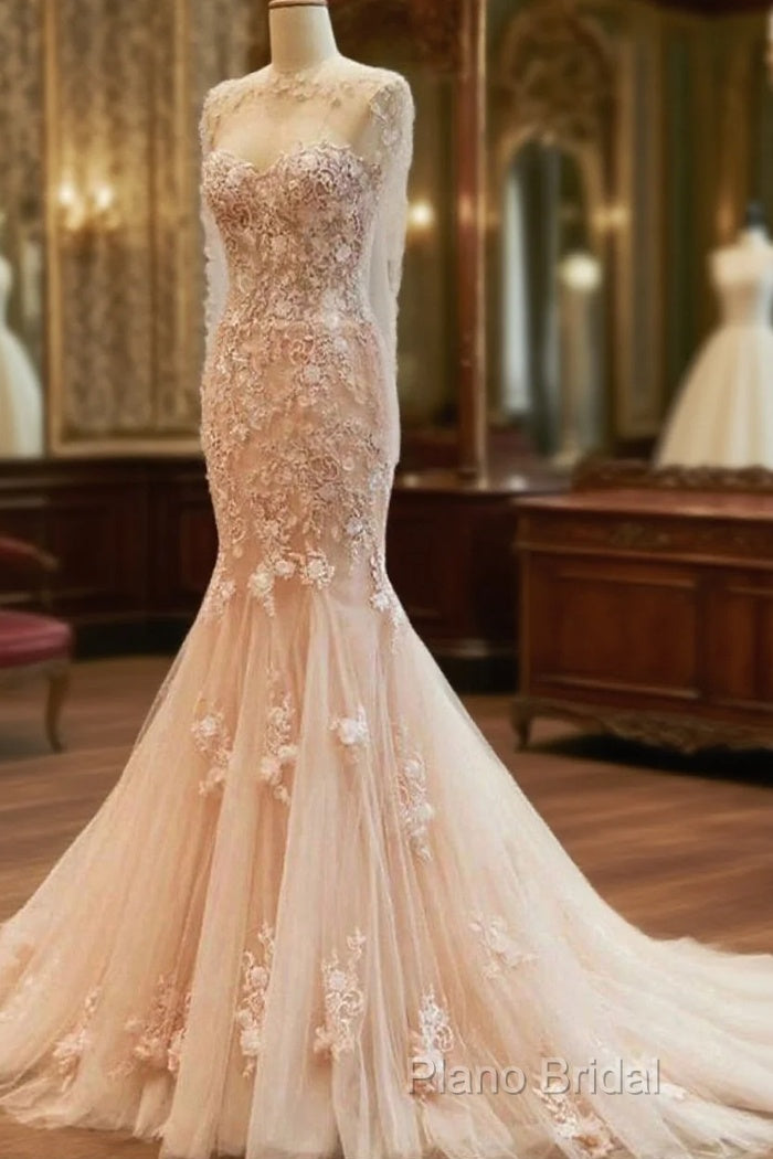 Fantastic Mermaid Tulle Wedding Dresses With Lace Appliques & 3D Flowers & Beadings