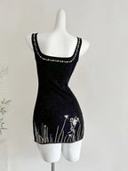 Fantasy Black Embroidered Slim Square Neck Short Birthday Dresses Homecoming Dresses