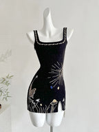 Fantasy Black Embroidered Slim Square Neck Short Birthday Dresses Homecoming Dresses