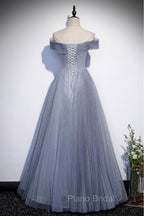 Fantasy Dusty Blue Bling Tulle Formal Prom Dresses Off Shoulder With Bling