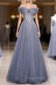 Fantasy Dusty Blue Bling Tulle Formal Prom Dresses Off Shoulder With Bling