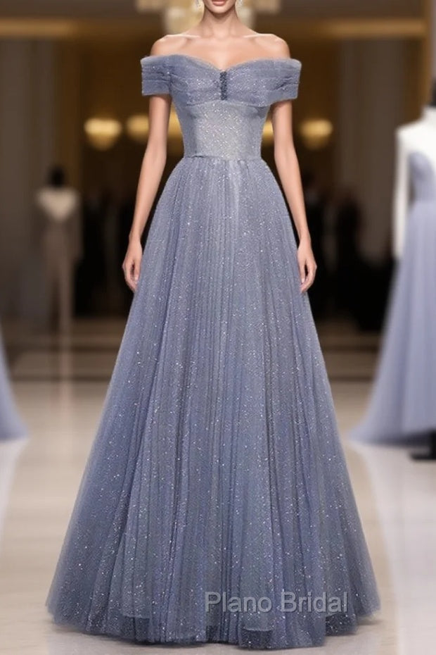 Fantasy Dusty Blue Bling Tulle Formal Prom Dresses Off Shoulder With Bling Main image