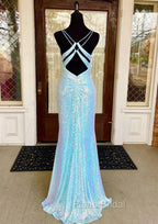 Fantasy Formal Prom Dresses, Sheath/Column V Neck Spaghetti Straps Sweep Train Sequined Formal Prom Dresses With Split