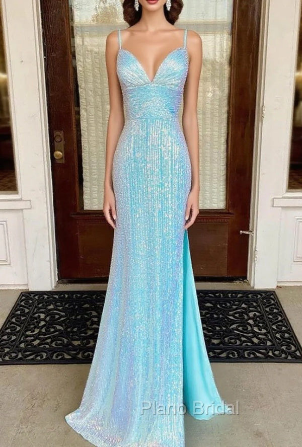 Fantasy Formal Prom Dresses, Sheath/Column V Neck Spaghetti Straps Sweep Train Sequined Formal Prom Dresses With Split Main image