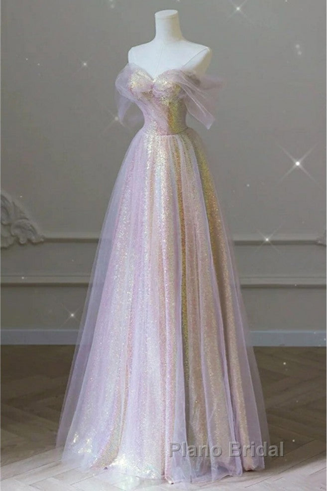 Fantasy Purple Bling Sequined Formal Prom Dresses Off Shoulder