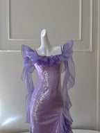 Fantasy Purple Mermaid Ruffled Tulle Sequined Long Formal Prom Dresses