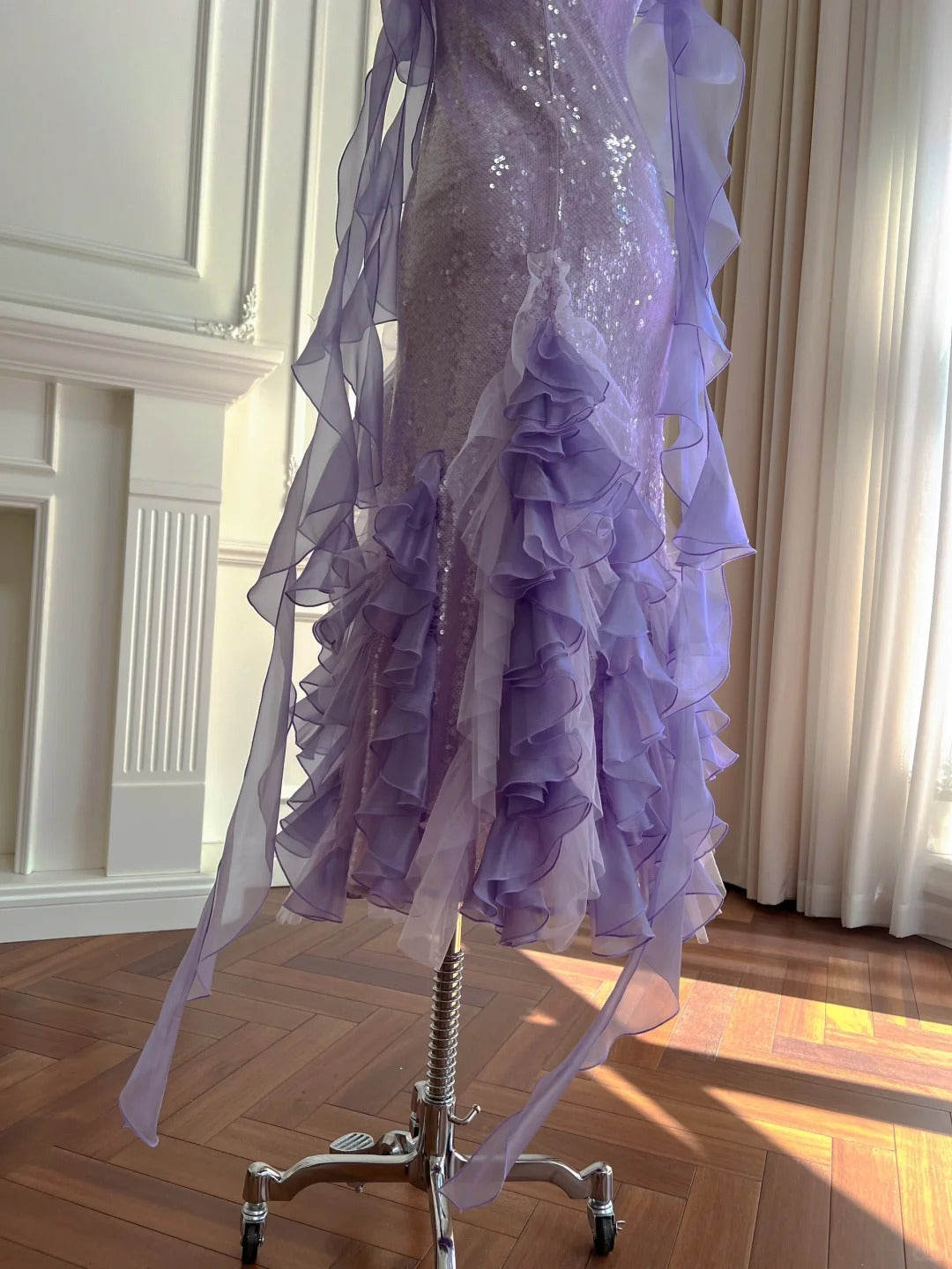 Fantasy Purple Mermaid Ruffled Tulle Sequined Long Formal Prom Dresses