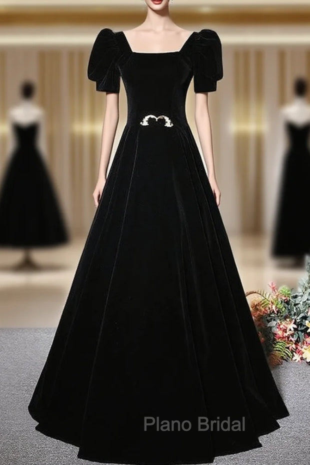 Fashion Black Velvet Short Sleeve Square Neck Formal Prom Dresses