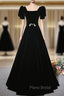Fashion Black Velvet Short Sleeve Square Neck Formal Prom Dresses