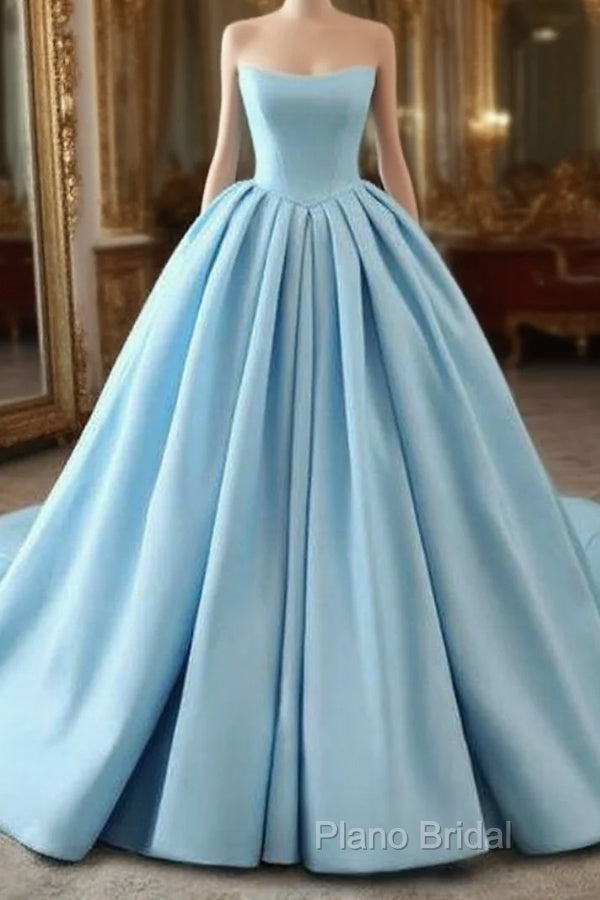 Fashion Blue Ball Gown Strapless Pleats Wedding Dresses With Train Long Formal Prom Formal Dresses Formal Gown Main image