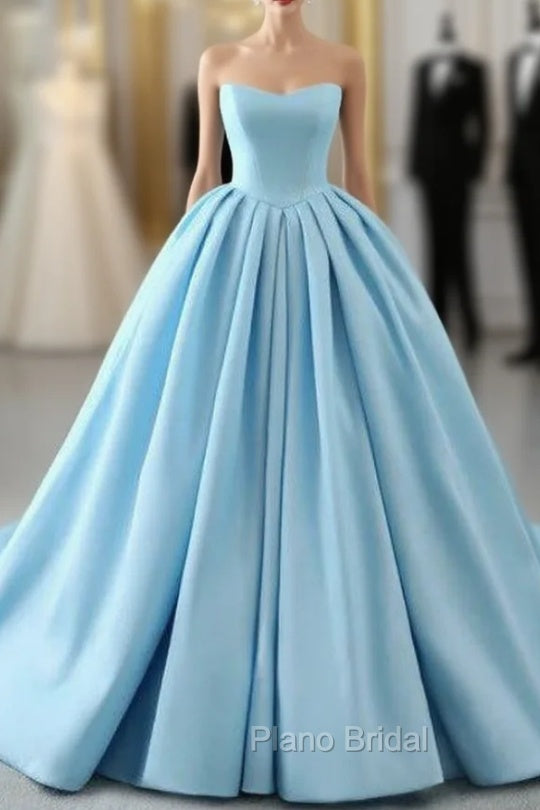 Fashion Blue Ball Gown Strapless Pleats Wedding Dresses With Train Main image
