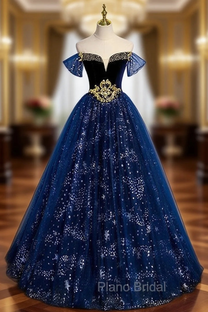 Fashion Blue Tulle Sequins Beading Off the Shoulder Formal Prom Dresses Main image