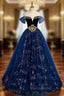 Fashion Blue Tulle Sequins Beading Off the Shoulder Formal Prom Dresses