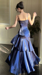 Fashion Burgundy Ruffle Long Formal Prom Dresses Spaghetti Straps Dance Dresses