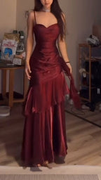 Fashion Burgundy Ruffle Long Formal Prom Dresses Spaghetti Straps Dance Dresses