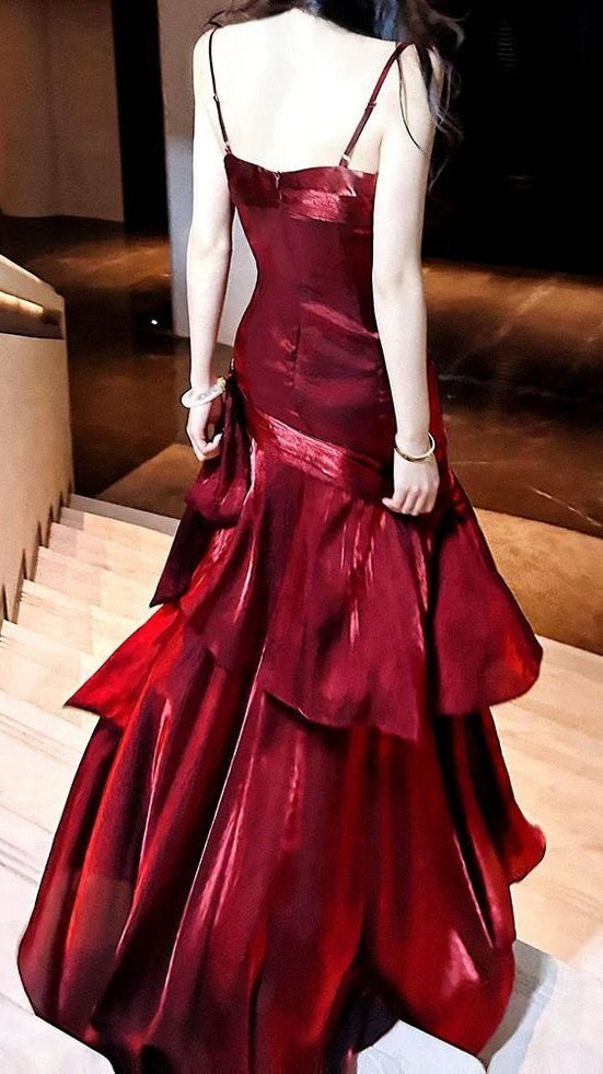 Fashion Burgundy Ruffle Long Formal Prom Dresses Spaghetti Straps Dance Dresses