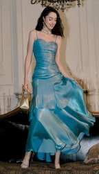 Fashion Burgundy Ruffle Long Formal Prom Dresses Spaghetti Straps Dance Dresses