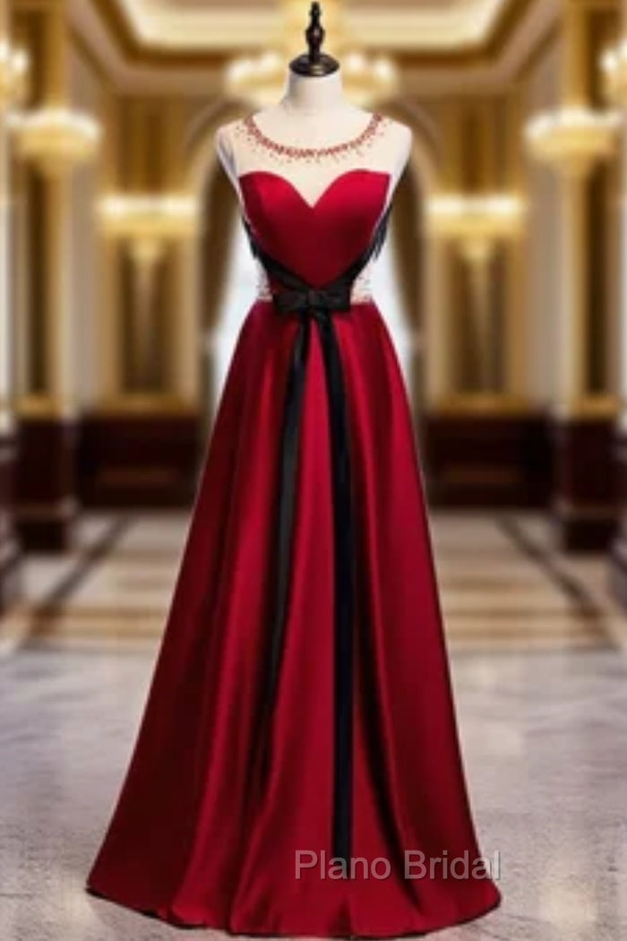 Fashion Burgundy Satin Beading Formal Prom Dresses With Black Sash Main image