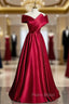 Fashion Burgundy Satin Off the Shoulder Pleats Formal Prom Dresses