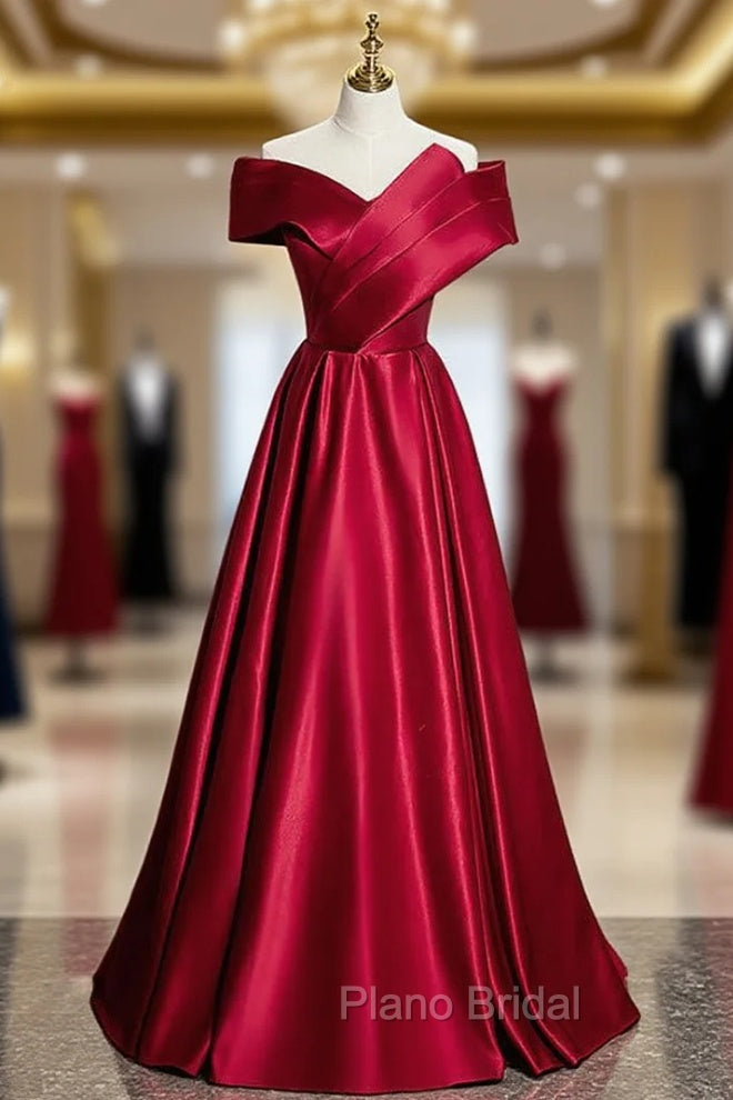 Fashion Burgundy Satin Off the Shoulder Pleats Formal Prom Dresses Main image