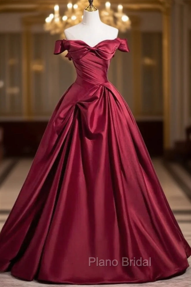 Fashion Burgundy Satin Pleats Formal Prom Dresses Main image