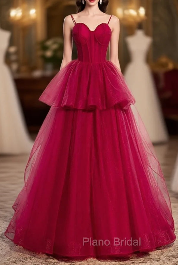 Fashion Burgundy Tulle Spaghetti Straps Long Formal Prom Dresses Main image