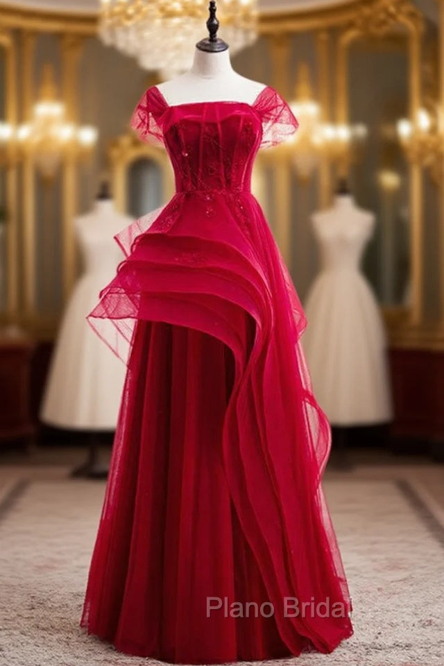 Fashion Burgundy Tulle Straps Beading Formal Prom Dresses Main image
