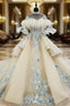 Fashion Champagne Ball Gown Tulle Appliques Short Sleeve Wedding Dresses With Long Train