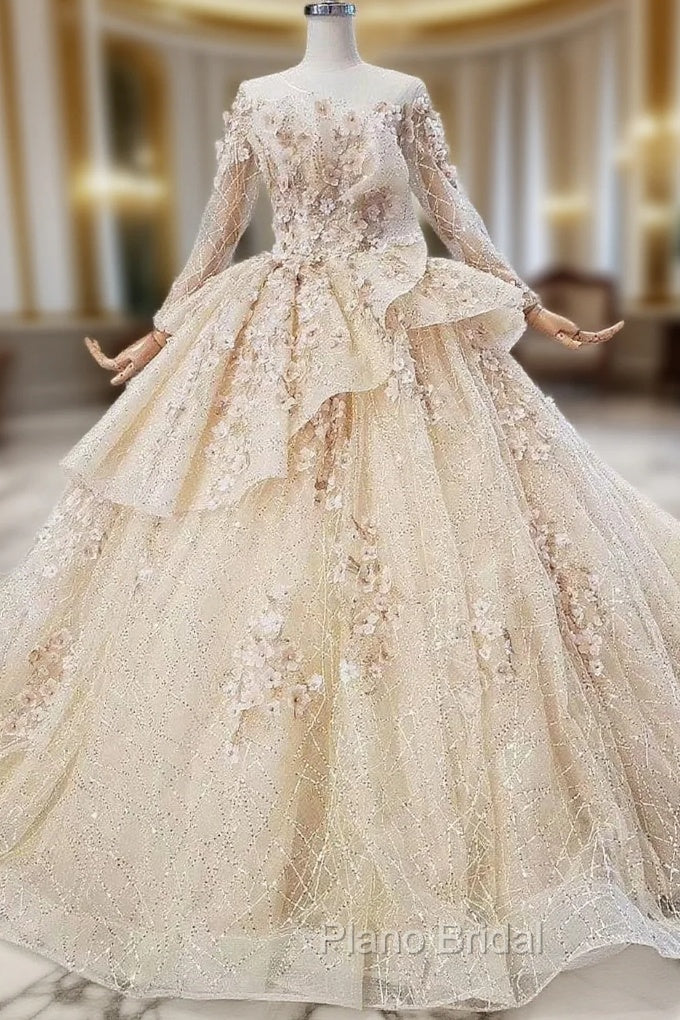 Fashion Champagne Ball Gown Tulle Sequins Long Sleeve Appliques Wedding Dresses