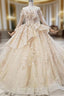 Fashion Champagne Ball Gown Tulle Sequins Long Sleeve Appliques Wedding Dresses