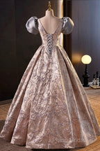 Fashion Floor-Length Printing Formal Prom Dresses, A-Line Short Sleeve Backless Formal Dresses