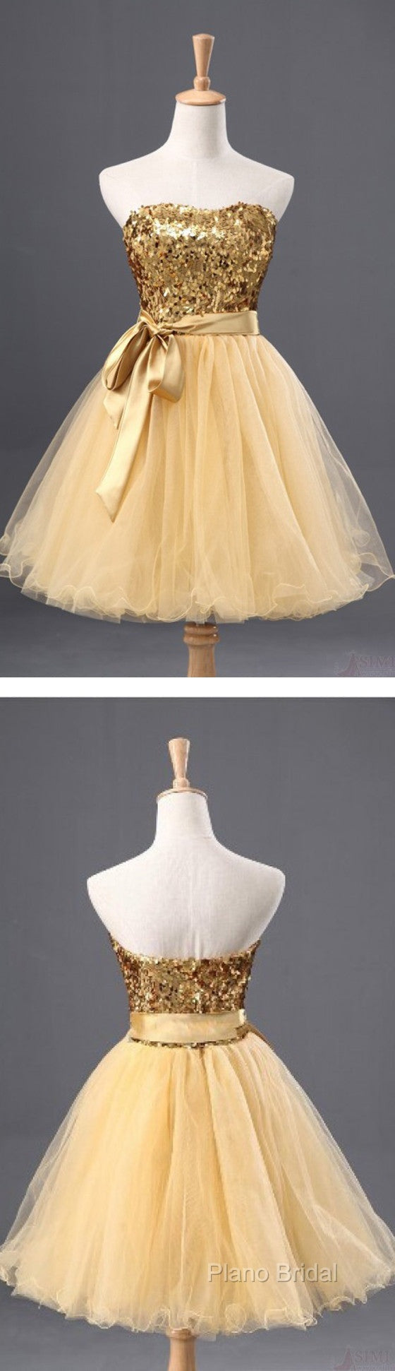 Fashion Gold Sequins Bow Sash Sweetheart Strapless Short Cute Homecoming Dresses Secondary image