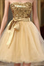 Fashion Gold Sequins Bow Sash Sweetheart Strapless Short Cute Homecoming Dresses