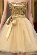 Fashion Gold Sequins Bow Sash Sweetheart Strapless Short Cute Homecoming Dresses