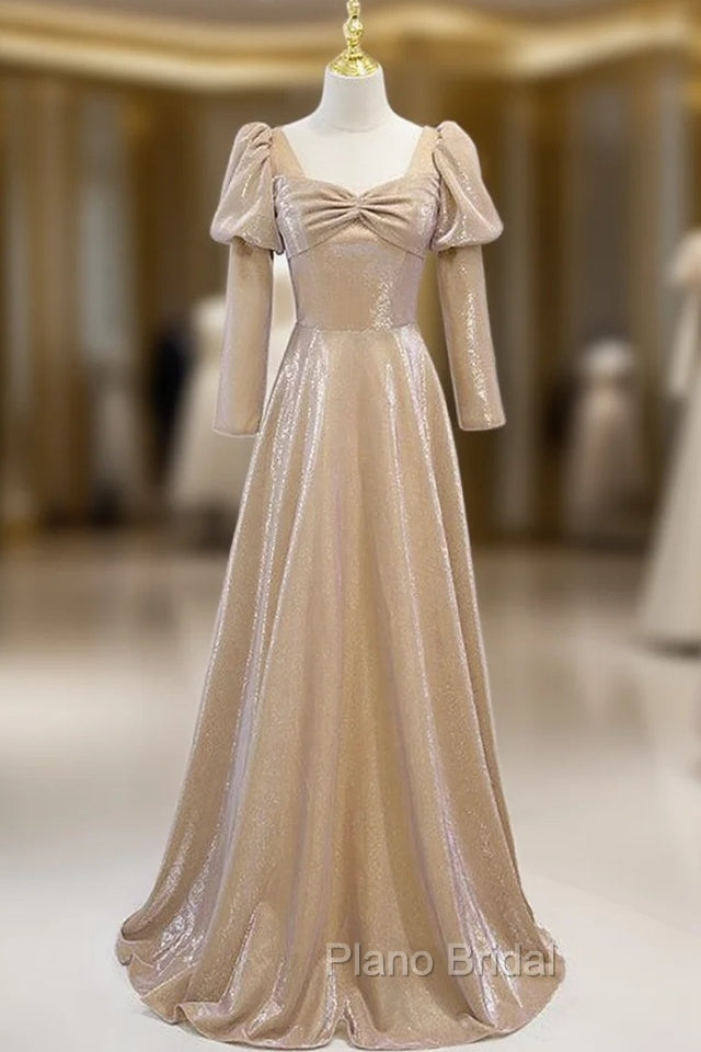 Fashion Gold Square Long Sleeve Formal Prom Dresses