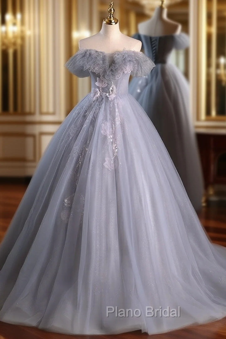 Fashion Gray Tulle Off the Shoulder Appliques Quinceanera Dresses Main image
