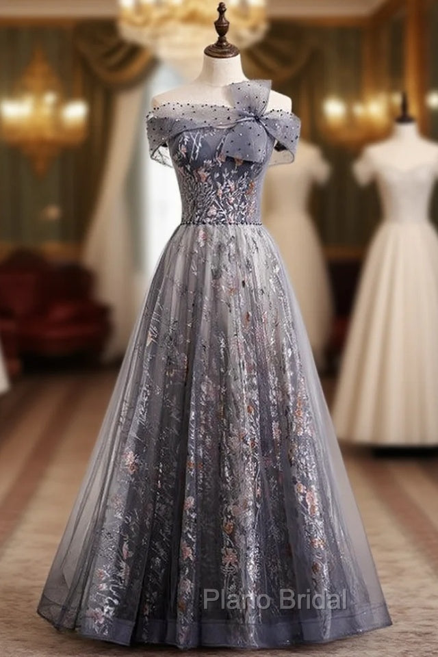 Fashion Gray Tulle Off the Shoulder Beading Formal Prom Dresses Main image