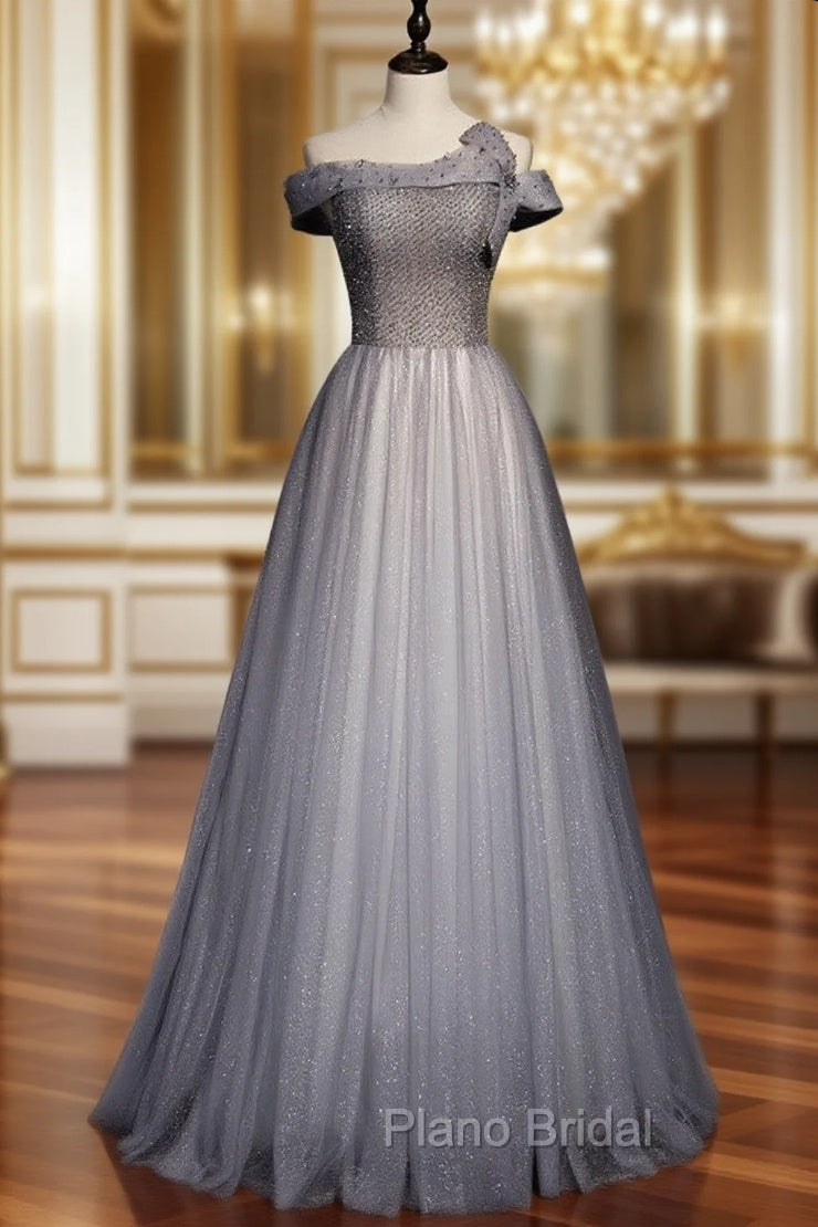 Fashion Gray Tulle Sequins Off the Shoulder Beading Formal Prom Dresses Main image