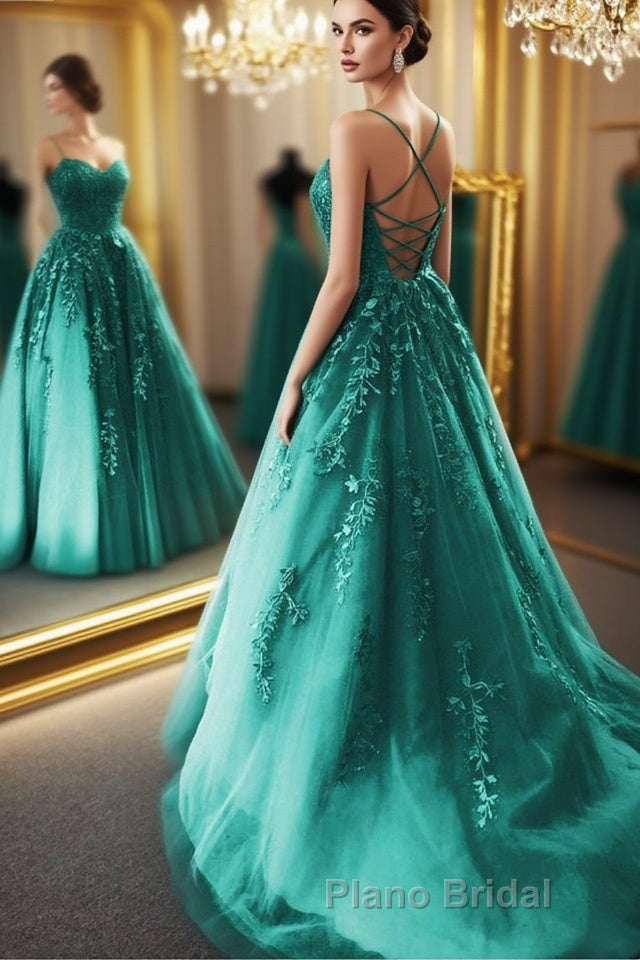 Fashion Green Lace Appliques Open Back Tulle Long Formal Prom Dresses, Green Lace Formal Dresses, Green Evening Dresses