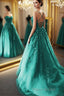 Fashion Green Lace Appliques Open Back Tulle Long Formal Prom Dresses, Green Lace Formal Dresses, Green Evening Dresses