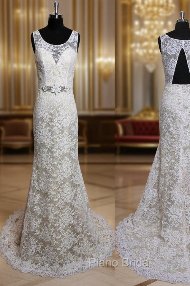 Fashion Ivory Lace Elegant Scoop Neck Open Back Vintage Column Sweep Trailing Wedding Dresses, Main image