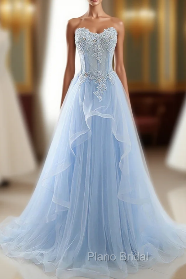 Fashion Light Blue Evening Dresses Long Formal Prom Dresses A Line Off Shoulder Elegant Main image