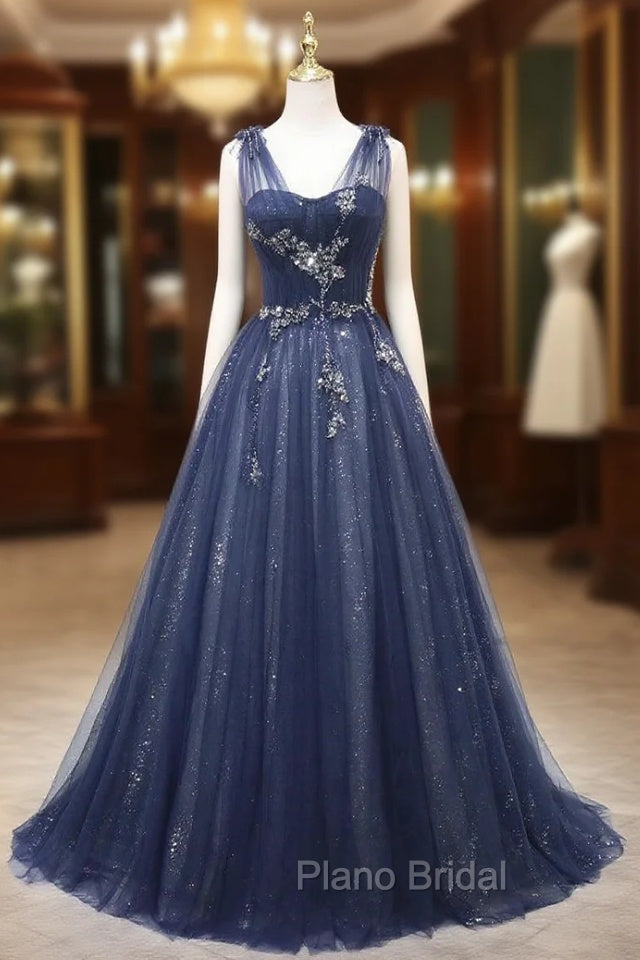 Fashion Navy Blue Tulle Sequins V-neck Formal Prom Dresses Main image