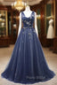 Fashion Navy Blue Tulle Sequins V-neck Formal Prom Dresses
