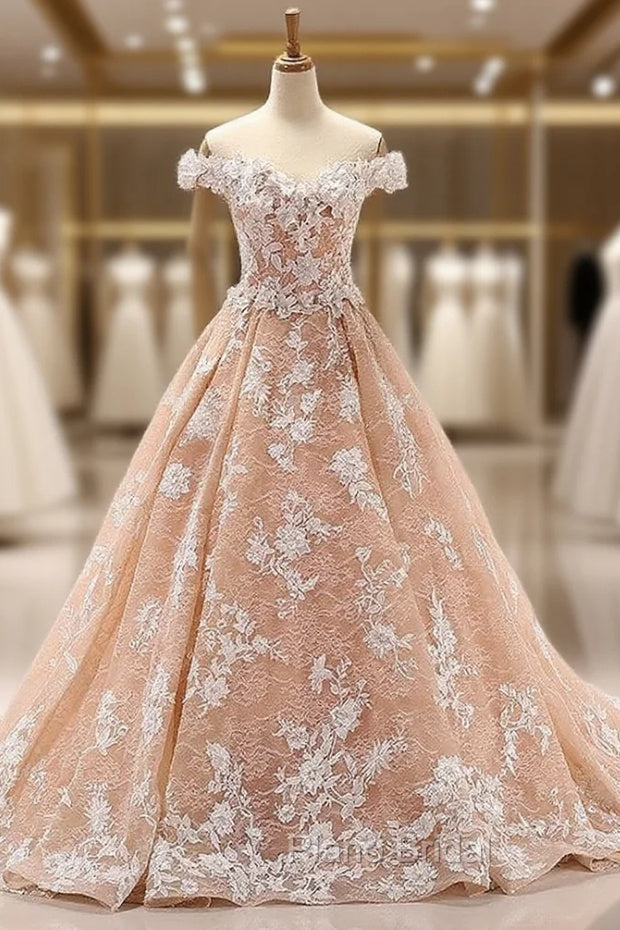 Fashion Pink Off The Shoulder Appliques Tulle Wedding Dresses Main image