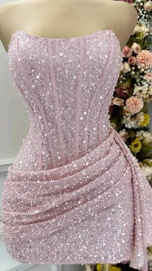 Fashion Pink Strapless Bodycon Short Formal Prom Dresses Glitter Sequin Homecoming Dresses